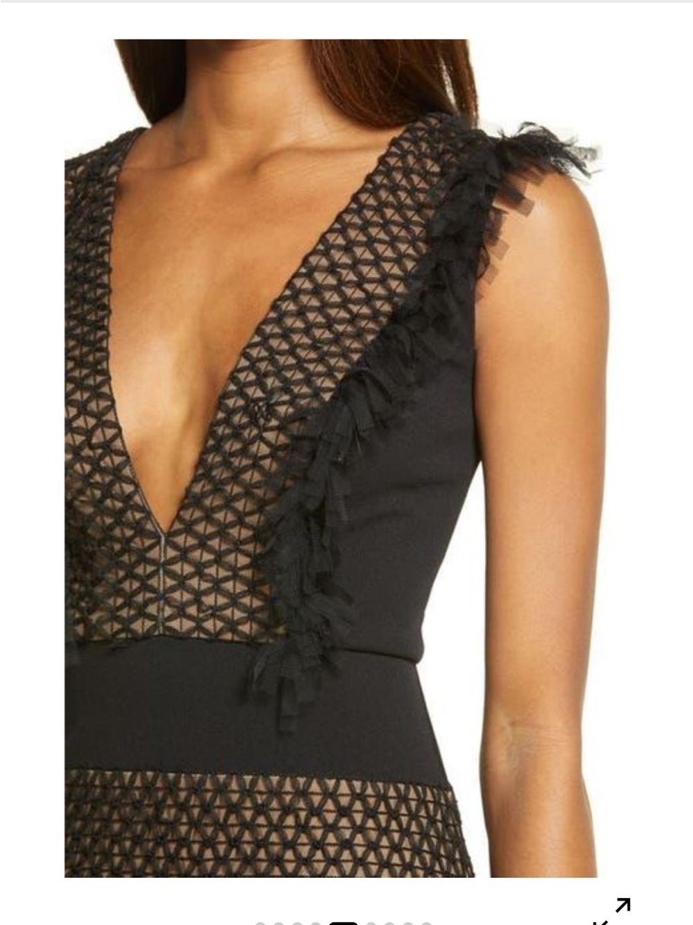 Black Mini Dress with Bronze-Patterned Trim and V-Neck - Picture 3 of 12